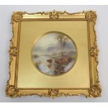A framed Royal Worcester plaque by John Stinton hand painted with cattle in a mountainous river