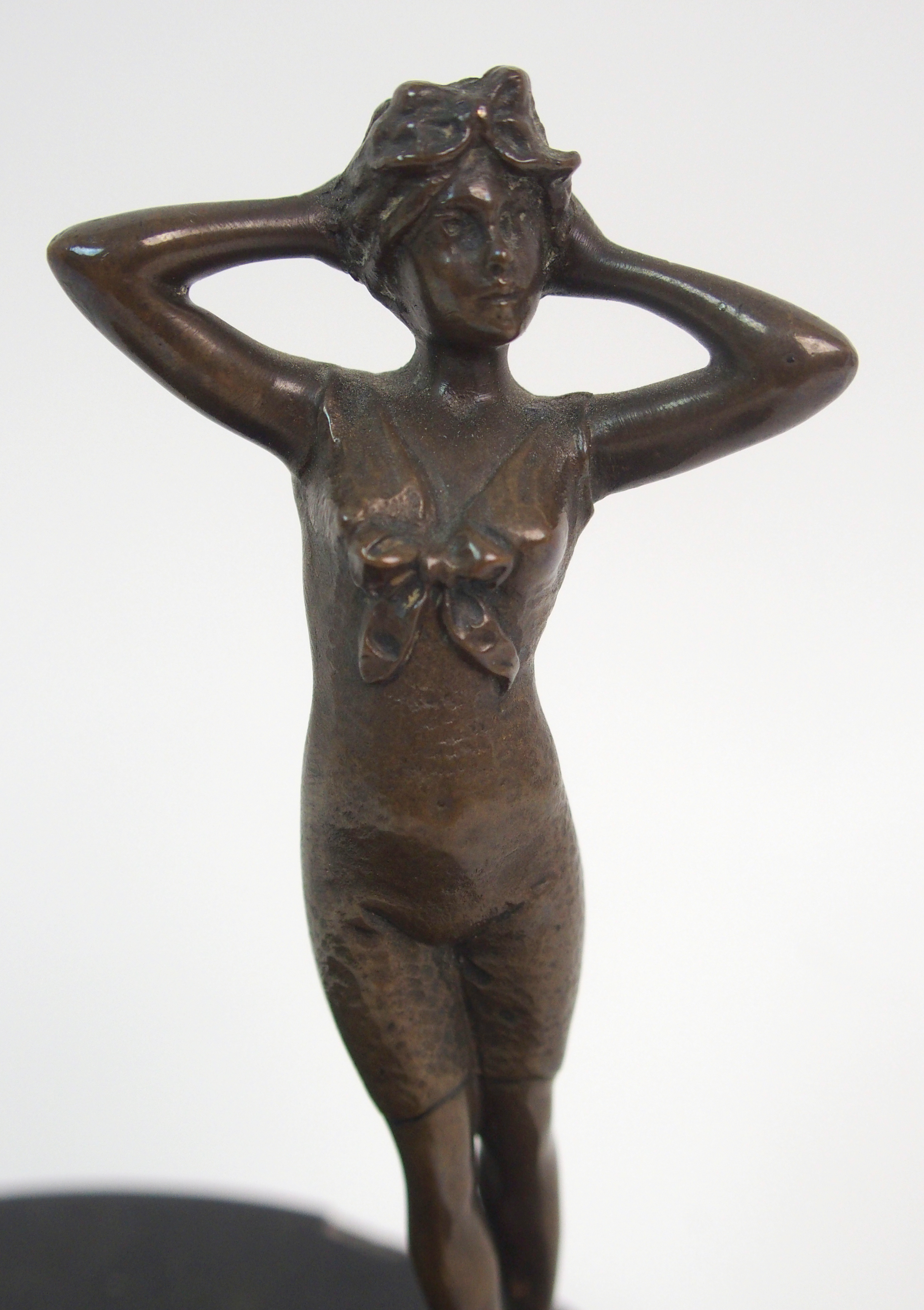 An Art Deco veined black marble trinket dish with bronzed figure of a lady in swimming costume, - Image 2 of 10