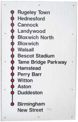 BR destination sign, screen printed aluminium, listing BIRMINGHAM NEW STREET to RUGELY TOWN