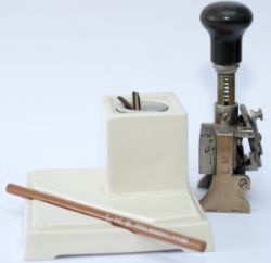 LMS Art Deco china pen stand with integral inkwell and a pencil for display purposes. Base is marked