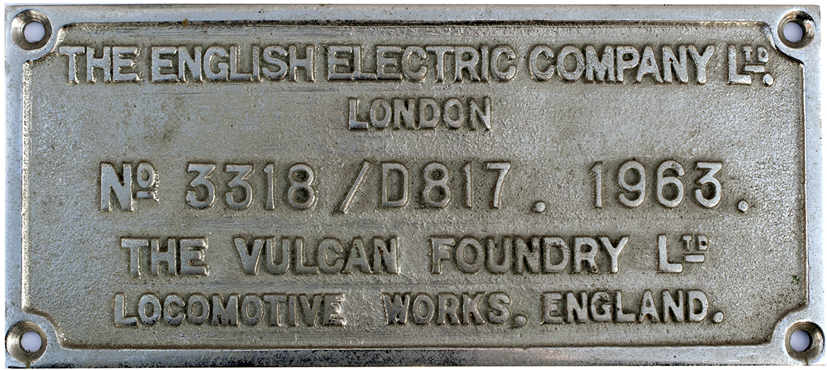 Diesel worksplate rectangular chromed brass THE ENGLISH ELECTRIC COMPANY LTD LONDON No 3318/D817