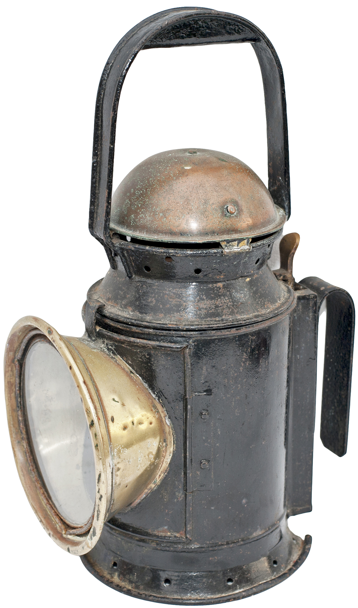 Central London Railway 3 Aspect coppertop handlamp, complete with original copper reservoir and