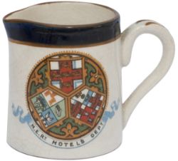 North Eastern Railway small china cream jug. Full colour Coat of Arms to side with N.E.RY HOTELS