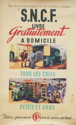 Poster SNCF LIVRE GRATUITEMENT A DOMICILE by CHEVAL BATANY circa 1947. Double Royal 25in x 40in.
