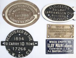Wagon plates x 5 to include: GWR Registration plate No. 17266 of 1894 To Carry 10 Tons, tin wagon