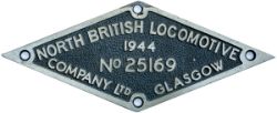 Worksplate diamond shaped cast brass NORTH BRITISH LOCOMOTIVE COMPANY LTD GLASGOW No 25169 1944.