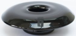 LMS black glass Flower Bowl which is acid etched with the LMS Hotels Motif. Measures 7in diameter