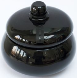 LMS black glass ladies Powder Bowl complete with lid which is acid etched with the LMS Hotels Motif.