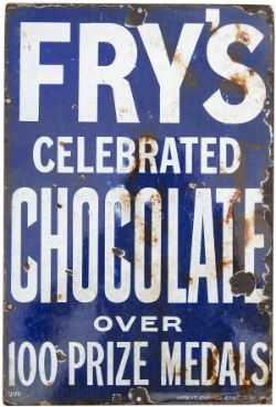 Advertising enamel FRY'S CELEBRATED CHOCOLATES OVER 100 PRIZE MEDALS, makers name Patent Enamel Co