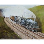 Original oil painting on canvas of BR STDS 75044 and 92100 double heading a fitted freight near