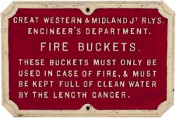 GWR & Midland Joint Railways cast iron FIRE BUCKETS sign measuring 14in x 9.5in. Face restored and