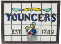 Advertising Brewery sign YOUNGERS EST 1749, leaded coloured glass in original mahogany frame. In