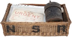 North Staffordshire Railway lot to include: a string tin stamped on the side NSRY, a wicker basket