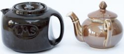 LMS teapots, a pair: one is 1920's dark brown with LMS on the side and base marked LMS HOTELS, 3in