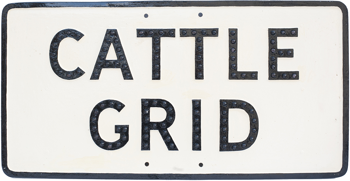 Cast aluminium road sign CATTLE GRID. Face restored and rear original and measures 27.5in x 14in.