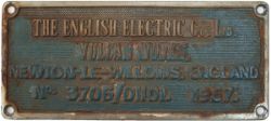 Diesel worksplate rectangular chromed brass THE ENGLISH ELECTRIC CO LTD VULCAN WORKS NEWTON-LE-