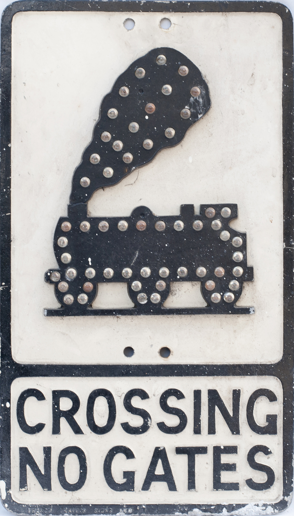 Cast aluminium road sign CROSSING NO GATES 0-6-0 engine, with makers name Franco Traffic Signs Ltd