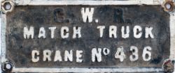 GWR cast iron Match truck crane plate G.W.R MATCH TRUCK CRANE No436. In original condition