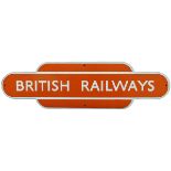 BR(NE) light tangerine BRITISH RAILWAYS totem shaped poster board heading. Measures 20.5in x 5.75in,