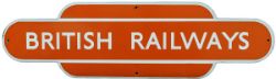 BR(NE) light tangerine BRITISH RAILWAYS totem shaped poster board heading. Measures 20.5in x 5.75in,