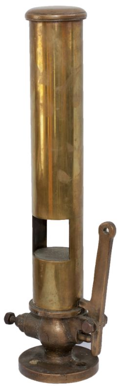 Ships brass whistle of the hooter style, 17in tall x 3in diameter. Complete with mounting flange and