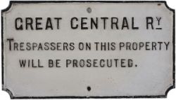 Great Central cast iron fully titled small TRESPASS sign, face restored and rear original.