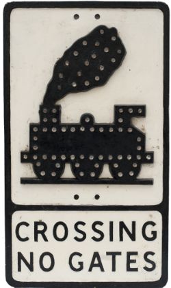 Road sign cast aluminium CROSSING NO GATES complete with 0-6-0 engine and with all reflectors