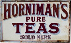 Advertising enamel sign, double sided with wall mounting flange, HORNIMAN'S PURE TEAS SOLD HERE. One