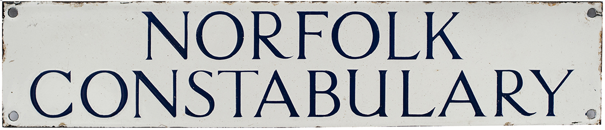 Enamel poster board heading NORFOLK CONSTABULARY, blue on white enamel. In excellent condition