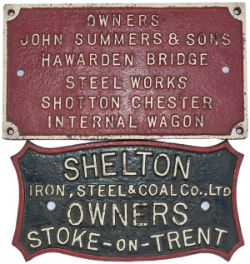 A pair of wagonplates to include: SHELTON IRON STEEL & COAL CO LTD OWNERS STOKE-ON-TRENT, 11in x