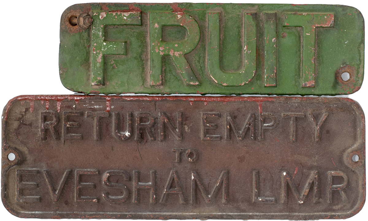 Wagonplate cast iron RETURN EMPTY TO EVESHAM LMR, 20in x 7in. Together with a cast iron Fruit Van