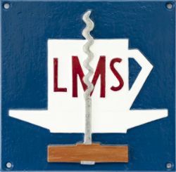 LMS cast aluminium Refreshment Rooms plaque depicting LMS Cup and Saucer and Corkscrew in relief.