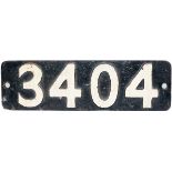 Smokebox numberplate 3404 ex BR(W) 0-6-0 PT, built in 1956 by The Yorkshire Engine Company.