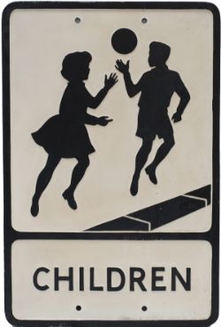 Road sign cast aluminium CHILDREN, makers name Royal Label Factory cast into rear. Measures 21in x