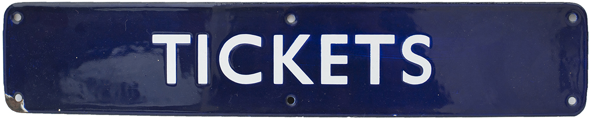 BR(E) enamel doorplate TICKETS 18in x 3.5in in good condition. Paper label on the back FOR SIX