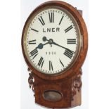 North Eastern Railway 18-inch walnut cased chain driven fusee clock with a spun brass bezel circa