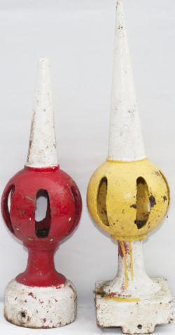 A pair of GWR signal finials: a square based example 29in tall, the other has a round base and is