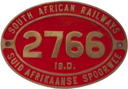 SAR brass cabside SOUTH AFRICAN RAILWAYS SUID AFRIKANESE SPOORWEE 2766 19D, ex class 19D 4-8-2,