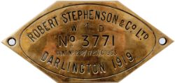 Worksplate engraved brass ROBERT STEPHENSON & CO LTD WD NO 3771 DARLINGTON 1919, ex ROD 2-8-0 1744