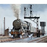 Original oil painting on canvas of WD AUSTERITY 2-8-0 90112 passing Wakefield 56A shed with a