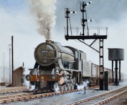 Original oil painting on canvas of WD AUSTERITY 2-8-0 90112 passing Wakefield 56A shed with a