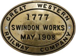 GWR brass oval tenderplate 1777 SWINDON WORKS MAY 1908 3500 GALLONS. In excellent condition.