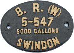 Tenderplate oval cast iron BR(W) 5-547 5000 GALLONS ex WD 2-8-0 90546 from new to 21-9-1953, then