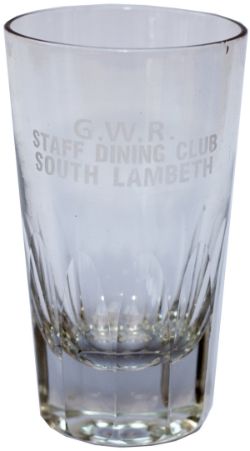 GWR fruit juice glass marked GWR STAFF DINING CLUB SOUTH LAMBERT. Measures 4in tall, a rare glass.