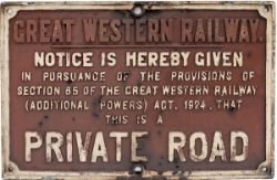 GWR cast iron PRIVATE ROAD sign. Measures 25in x 16in, in totally original condition.