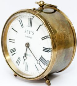 GWR brass drum clock with enamelled dial KAY'S LTD PARIS. The case and case back is hand engraved