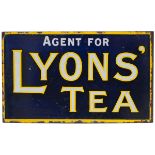 Advertising enamel sign, double sided with wall mounting flange, AGENT FOR LYONS TEAS. Both sides