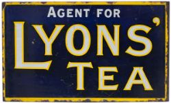 Advertising enamel sign, double sided with wall mounting flange, AGENT FOR LYONS TEAS. Both sides