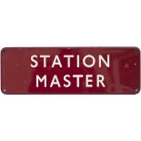 Enamel doorplate BR(M) FF STATION MASTER measures 18in x 6in. In good condition with a few small