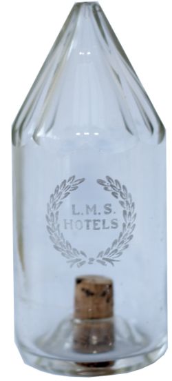 LMS cut glass conical sugar dispenser acid etched on the side LMS HOTELS with laurel leaf. In